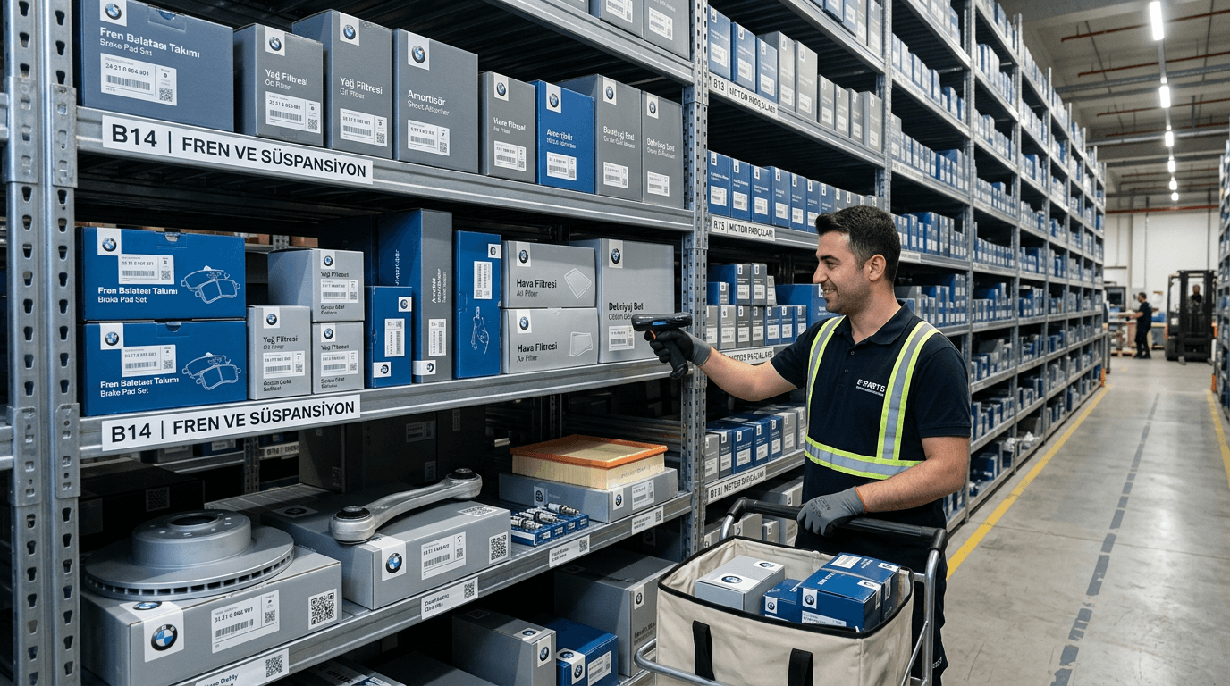 BMW yedek parça — depoda düzenli raflar ve orijinal parça seçimi görseli